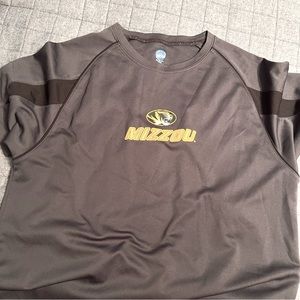 Athletic shirt with Mizzou and Tiger logo on front. Grey and gold.